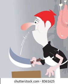 Illustration of a butcher cutting meat