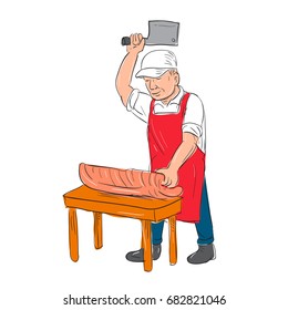 Illustration of a Butcher Cutting Meat on bench done in hand sketch drawing Cartoon style.