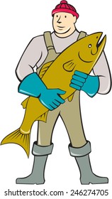 Illustration of a butcher fishmonger worker standing holding salmon fish facing front set on isolated white background done in cartoon style. 