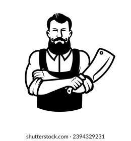 Illustration of a butcher with hatchet and meat. Design element for emblem, sign, badge. Vector illustration