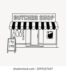 Illustration of a butcher shop with striped awning, hanging meats, and a sign displaying prices. Simple, black and white butcher shop drawing. Doodle illustration vector.