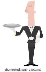 Illustration of a butler or waiter holding an empty tray.