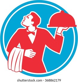 Illustration of a butler waiter serving food in a platter looking to the side viewed from front set inside circle on isolated background done in retro style. 