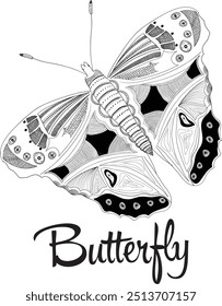 Illustration "Buttefly" was created in doodling style in black and white colors. Painted image is isolated on white background. It can be used for coloring books for adult and other decorations.