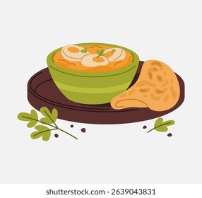 Illustration of Butter Egg Curry, a rich and creamy Indian dish with boiled eggs in spiced butter gravy, served with parotta.
