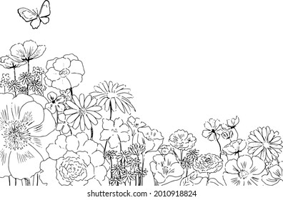 Illustration of butterflies dancing in beautiful flowers