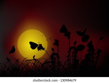 illustration with butterflies and dandelions at sunset