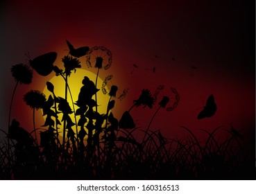 illustration with butterflies and dandelions at sunset