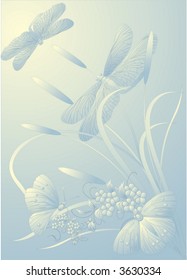 illustration with butterflies, dragonflies and flowers on light background