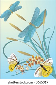 illustration with butterflies, dragonflies and flowers on light background