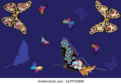 illustration with butterflies from flowers on dark blue background