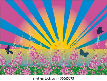 illustration with butterflies and flowers under bright sun
