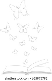 illustration with butterflies flying above open book isolated on white background