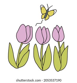 Illustration of butterflies flying around tulips