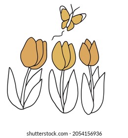 Illustration of butterflies flying around tulips
