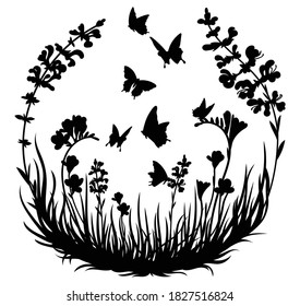 Illustration of butterflies flying in a circle of flowers. Silhouette of a hovering insect in a field of grass. Romantic frame. Ornamental plants in a circle. Line art. Tattoo.