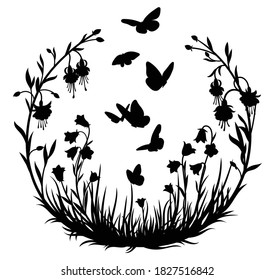 Illustration of butterflies flying in a circle of flowers. Silhouette of a hovering insect in a field of grass. Romantic frame. Ornamental plants in a circle. Line art. Tattoo.