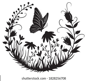 Illustration of butterflies flying in a circle of flowers. Silhouette of a hovering insect in a field of grass. Romantic frame. Ornamental plants in a circle. Line art. Tattoo.