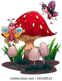 Illustration the butterflies flying near giant mushroom white bakcground 