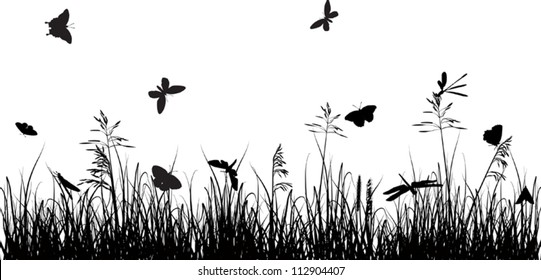 illustration with butterflies in grass silhouette on white background