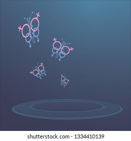 Illustration. Butterflies made of gender symbols intersected in couples, floating in blue space, above concentric circles.
