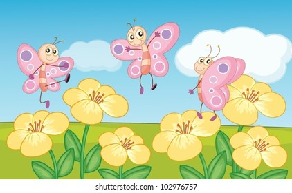 illustration of butterflies on flowers