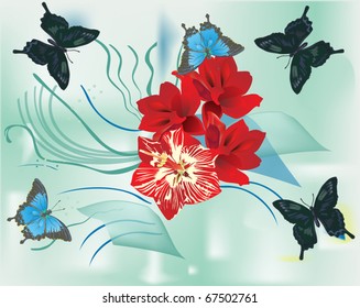 illustration with butterflies and red flowers