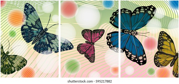 Illustration with butterflies. A set of several pictures.