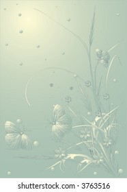 illustration with butterflies, spikes and flowers on light background