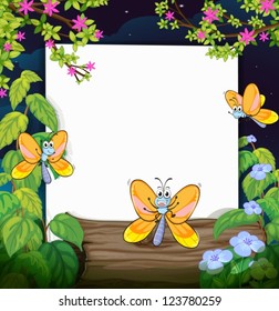Illustration of butterflies and a white board in a beautiful dark night