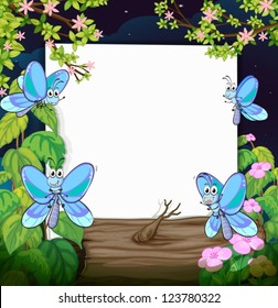 Illustration of butterflies and a white board in a beautiful dark night