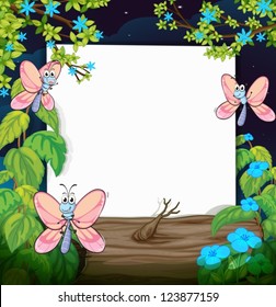 Illustration of butterflies and a white board in a beautiful dark night