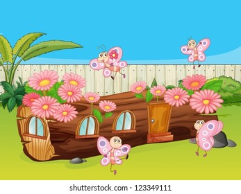 Illustration of butterflies and a wood house in a beautiful nature