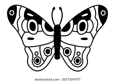 Illustration of a butterfly with big eyes and decorative wings, featuring a black and white color scheme, suitable for various design purposes