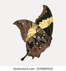 Illustration of a butterfly with brown and yellow wings. The butterfly features intricate patterns and detailed wing designs. Butterfly art on a light background. Vintage animal illustration vector.