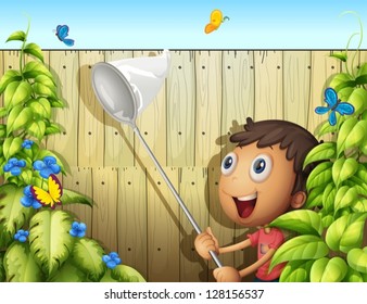 Illustration of a butterfly catcher inside a yard with fence