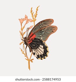 Illustration of a butterfly with colorful wings perched on a delicate flower. The butterfly's vibrant colors contrast with the simple flower and background. Vintage animal illustration vector.