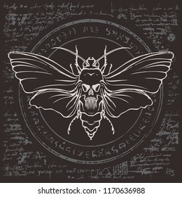 Illustration of a butterfly Dead head with skull-shaped pattern on the thorax on an abstract background of old manuscript with circle, magical inscriptions and symbols. Vector banner in retro style
