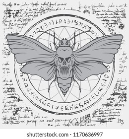 Illustration of a butterfly Dead head with skull-shaped pattern on the thorax on an abstract background of old manuscript with circle, magical inscriptions and symbols. Vector banner in retro style