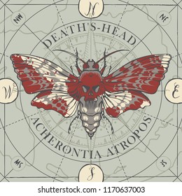 Illustration of a butterfly Dead head with skull-shaped pattern on the thorax on an old abstract background with magical inscriptions and symbols. Vector banner in retro style