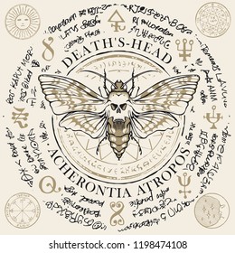 Illustration of a butterfly Dead head with skull-shaped pattern on the thorax on an old abstract background with magical inscriptions and symbols. Vector banner in retro style