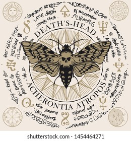 Illustration of a butterfly Dead head with skull-shaped pattern on the thorax on an old abstract background with magical inscriptions and symbols. Vector banner in retro style