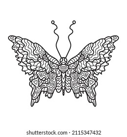 Ilustración de una mariposa. Patrón de arte Doodle. Página de coloreado para adultos