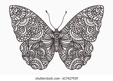 Illustration of butterfly in doodle zentangle style.