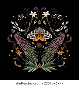 Ilustración con mariposa, helecho y flores. Vector.