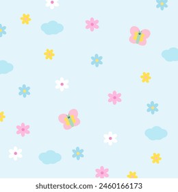 Illustration of butterfly, flowers, cloud on a pastel blue background for fabric, floral print, wallpaper, backdrop, kid clothes, picnic, spring, summer, cute pattern, textile, garment, toddler, baby