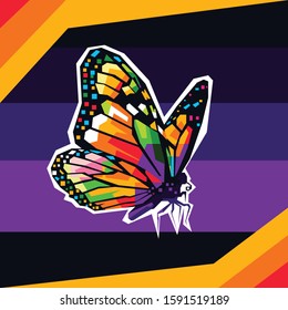 
an illustration of a butterfly flying in clouds so bright with beautiful colors, in vector wpap pop art with a purple background