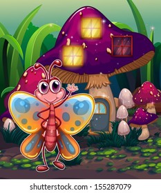 Illustration of a butterfly in front of the mushroom house
