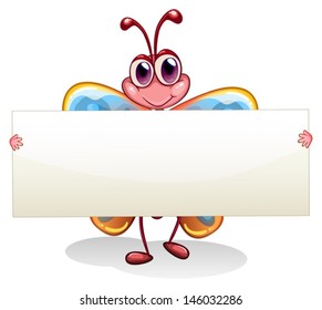 Illustration of a butterfly holding an empty banner on a white background 