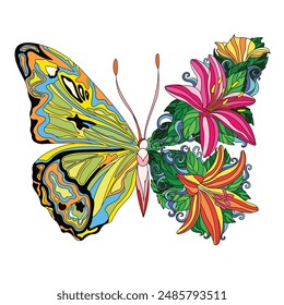 Illustration Of a Butterfly With Intricate Patterns On Its Left Wing and Floral Designs Integrated Into Its Right Wing. Complex Butterfly Vector Illustration. Beautiful Complex Butterfly Vector.